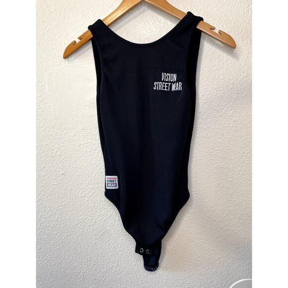 Vision Street Wear Black Ribbed High Neck Scoop Back Snap Bodysuit Skater Style - Picture 1 of 8